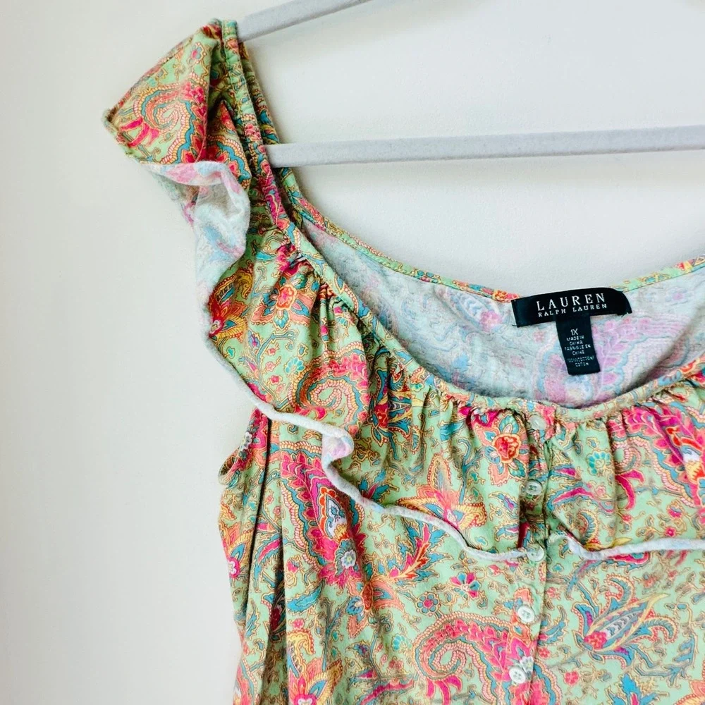 Vintage 90s Y2K Lauren Ralph Lauren 1X Plus Paisley Ruffle Neck Cotton Knit Top